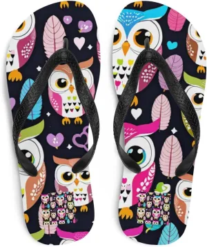 Women's Chic Adorable Colorful Owl Print Luxe Flip-Flops For Beach or Pool