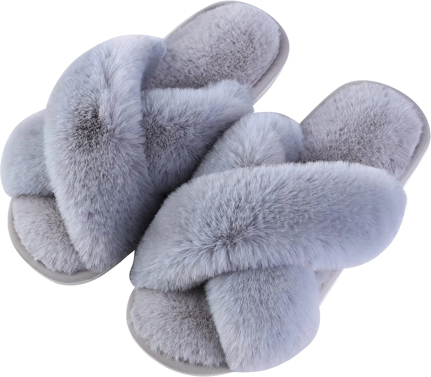 Women's Cross Band fluffy Slippers, Lady Soft Plush Faux Rabbit Fur Furry Cozy Open Toe House Indoor Warm Slippers