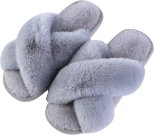 Women's Cross Band fluffy Slippers, Lady Soft Plush Faux Rabbit Fur Furry Cozy Open Toe House Indoor Warm Slippers