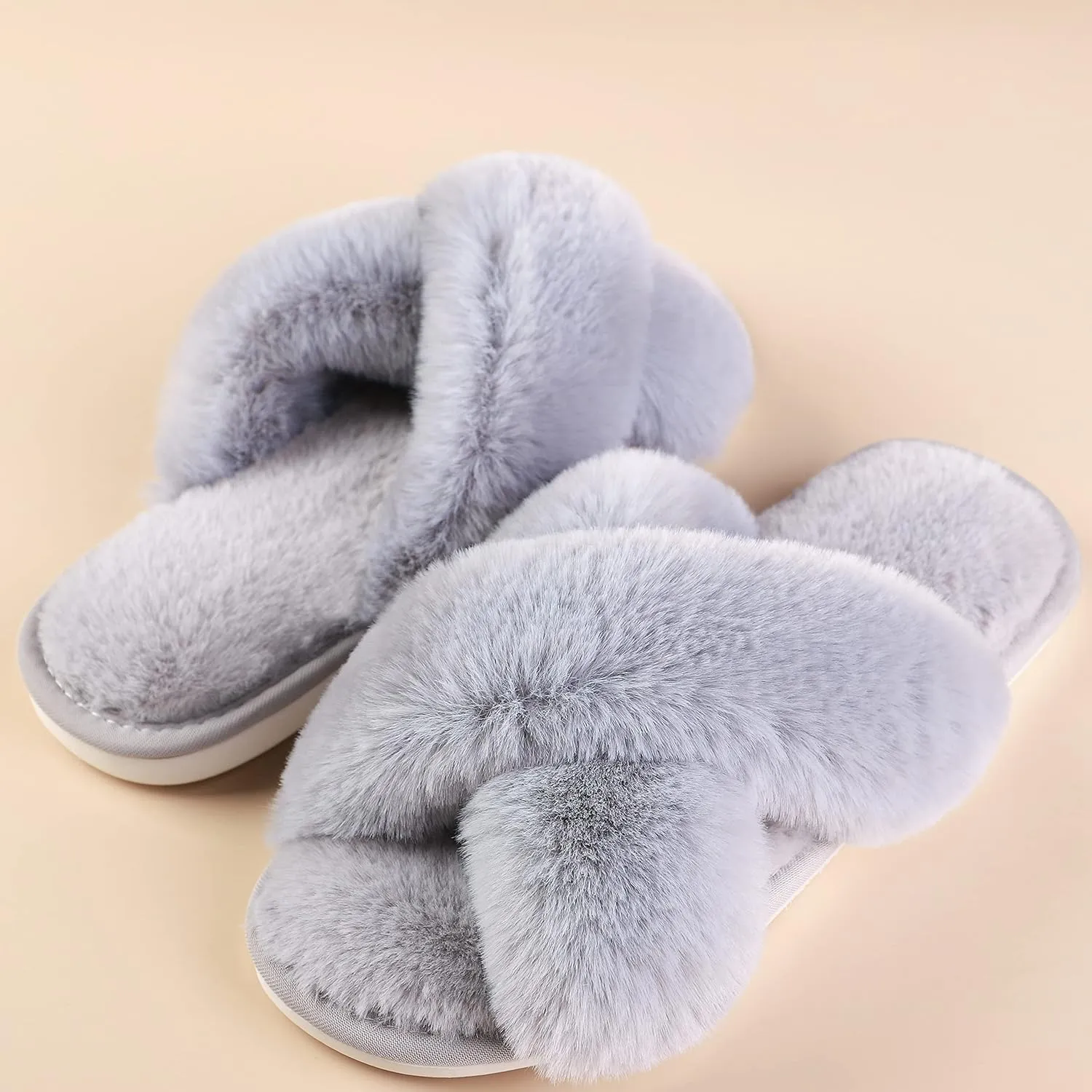 Women's Cross Band fluffy Slippers, Lady Soft Plush Faux Rabbit Fur Furry Cozy Open Toe House Indoor Warm Slippers