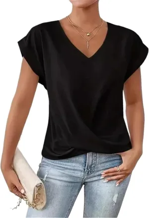 Women's Fashion Pleated Hem V Neck Pullover T Shirt Daily Solid Color Casual Commuter Short Sleeve Top Tees
