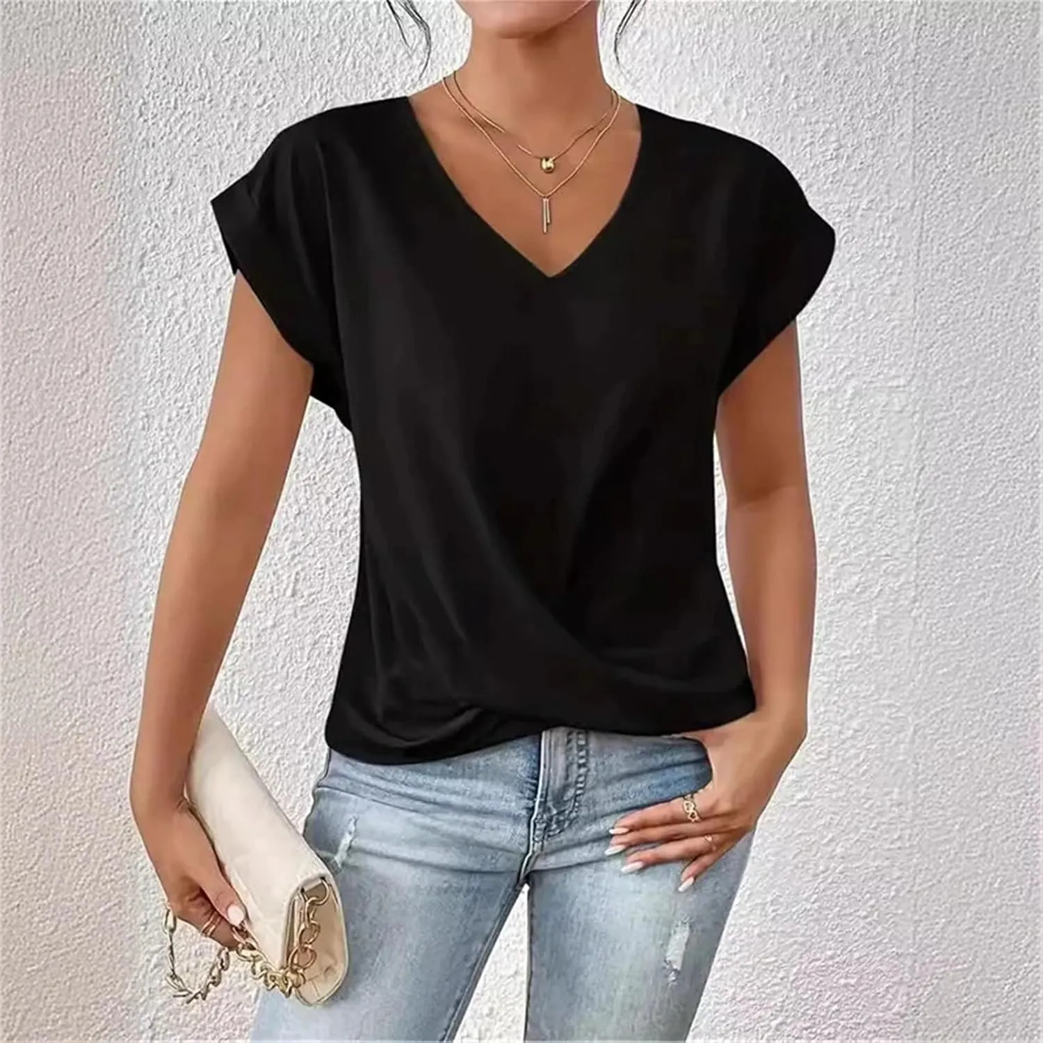 Women's Fashion Pleated Hem V Neck Pullover T Shirt Daily Solid Color Casual Commuter Short Sleeve Top Tees