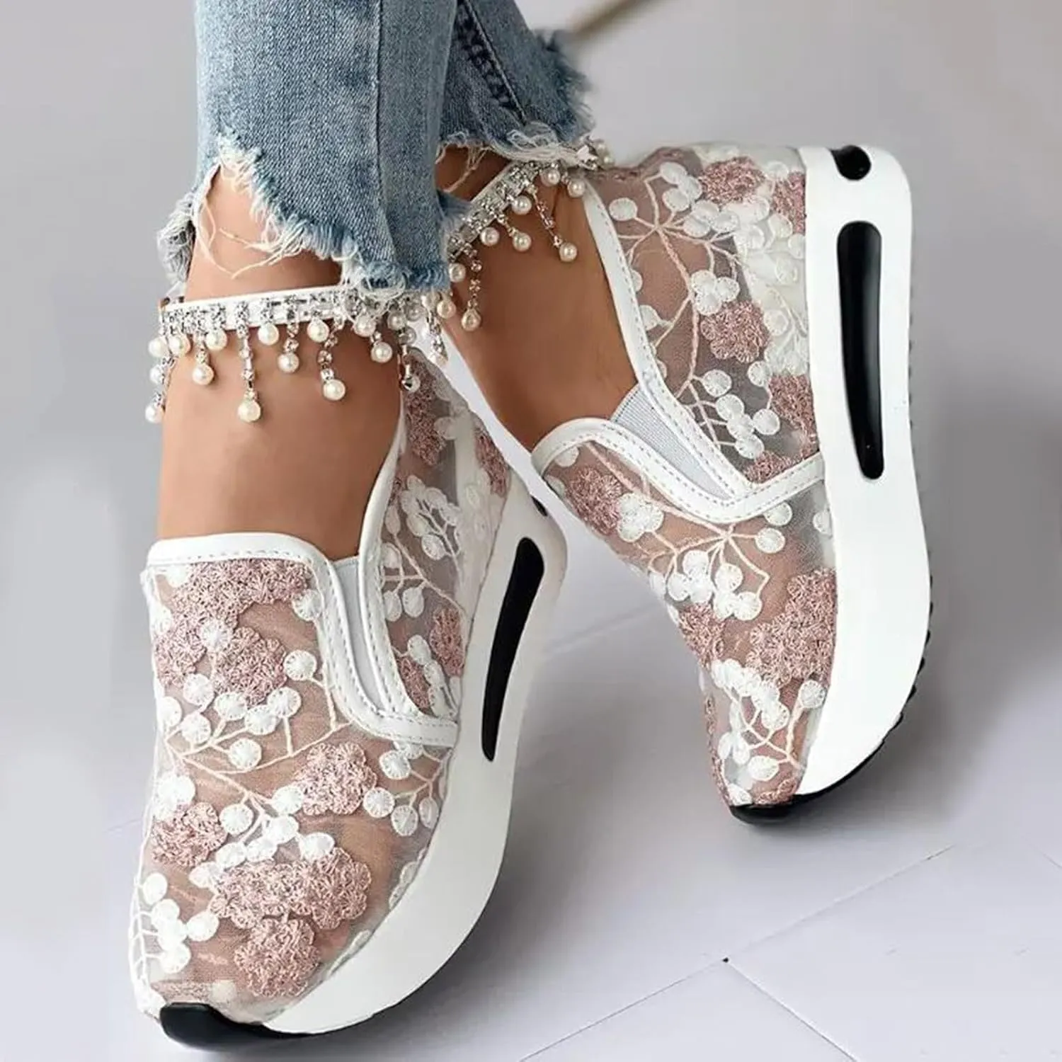 Women's Fashion Sneakers Summer Platform Shoes Hidden Wedge High Top Walking Sneakers Embroidery Floral Mesh Slip On Loafers Casual Shoes with Arch Support