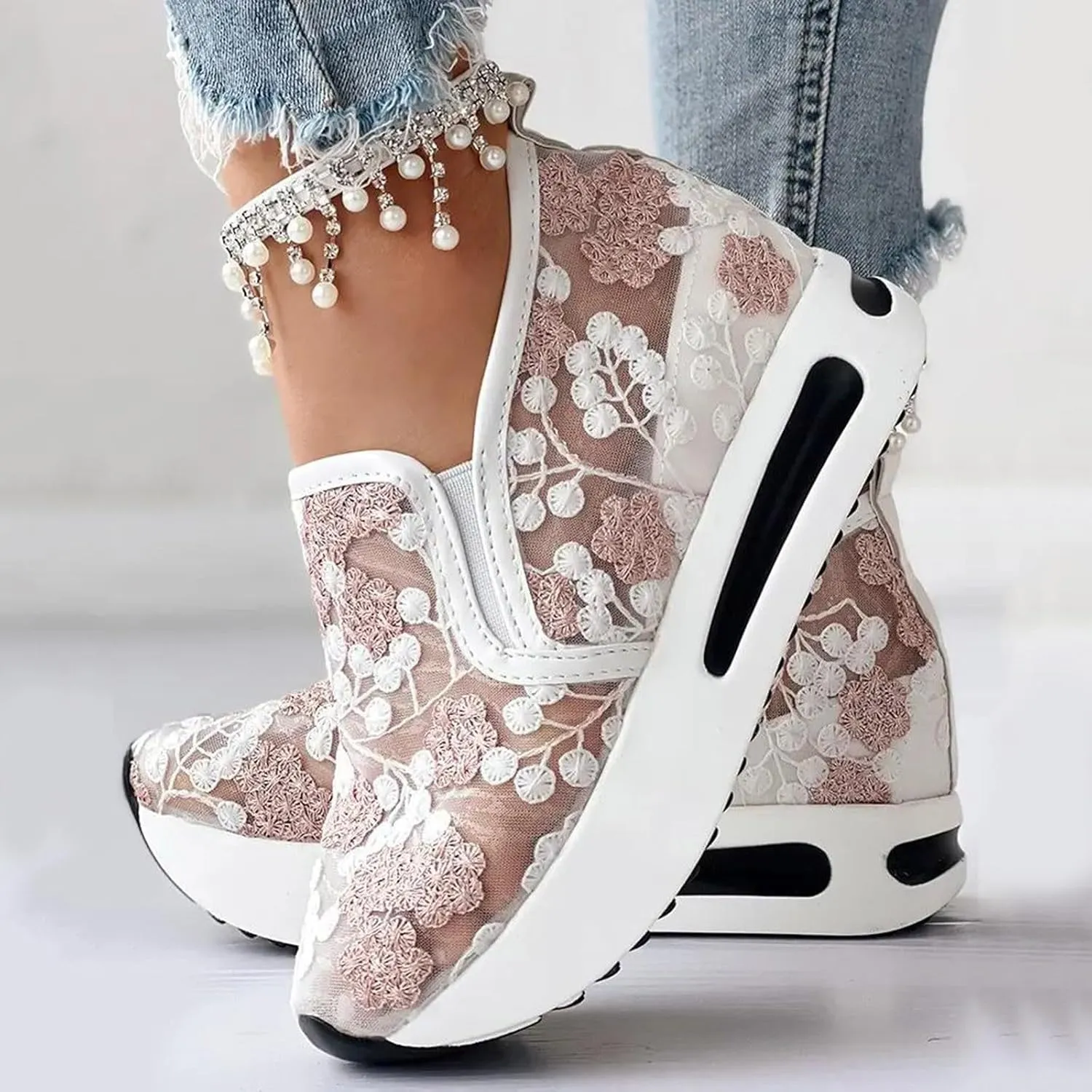 Women's Fashion Sneakers Summer Platform Shoes Hidden Wedge High Top Walking Sneakers Embroidery Floral Mesh Slip On Loafers Casual Shoes with Arch Support