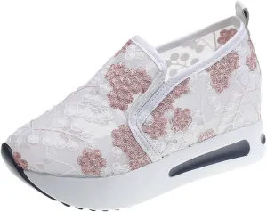 Women's Fashion Sneakers Summer Platform Shoes Hidden Wedge High Top Walking Sneakers Embroidery Floral Mesh Slip On Loafers Casual Shoes with Arch Support