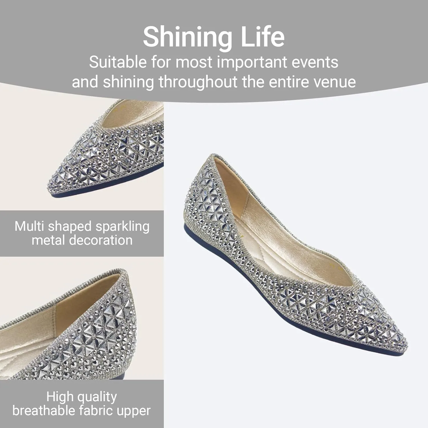 Women's Flats Comfortable Pointed Rhinestone Ballet Flats Soft Memory Foam Insole for Women Sparkle Elegant Dress Shoes