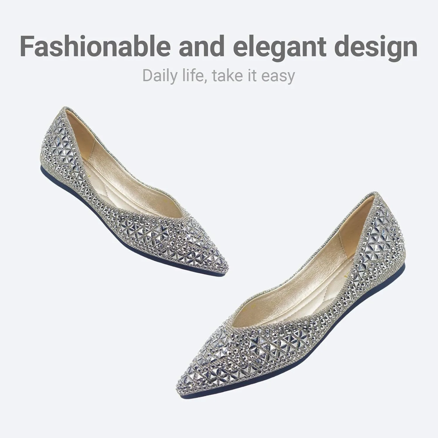 Women's Flats Comfortable Pointed Rhinestone Ballet Flats Soft Memory Foam Insole for Women Sparkle Elegant Dress Shoes