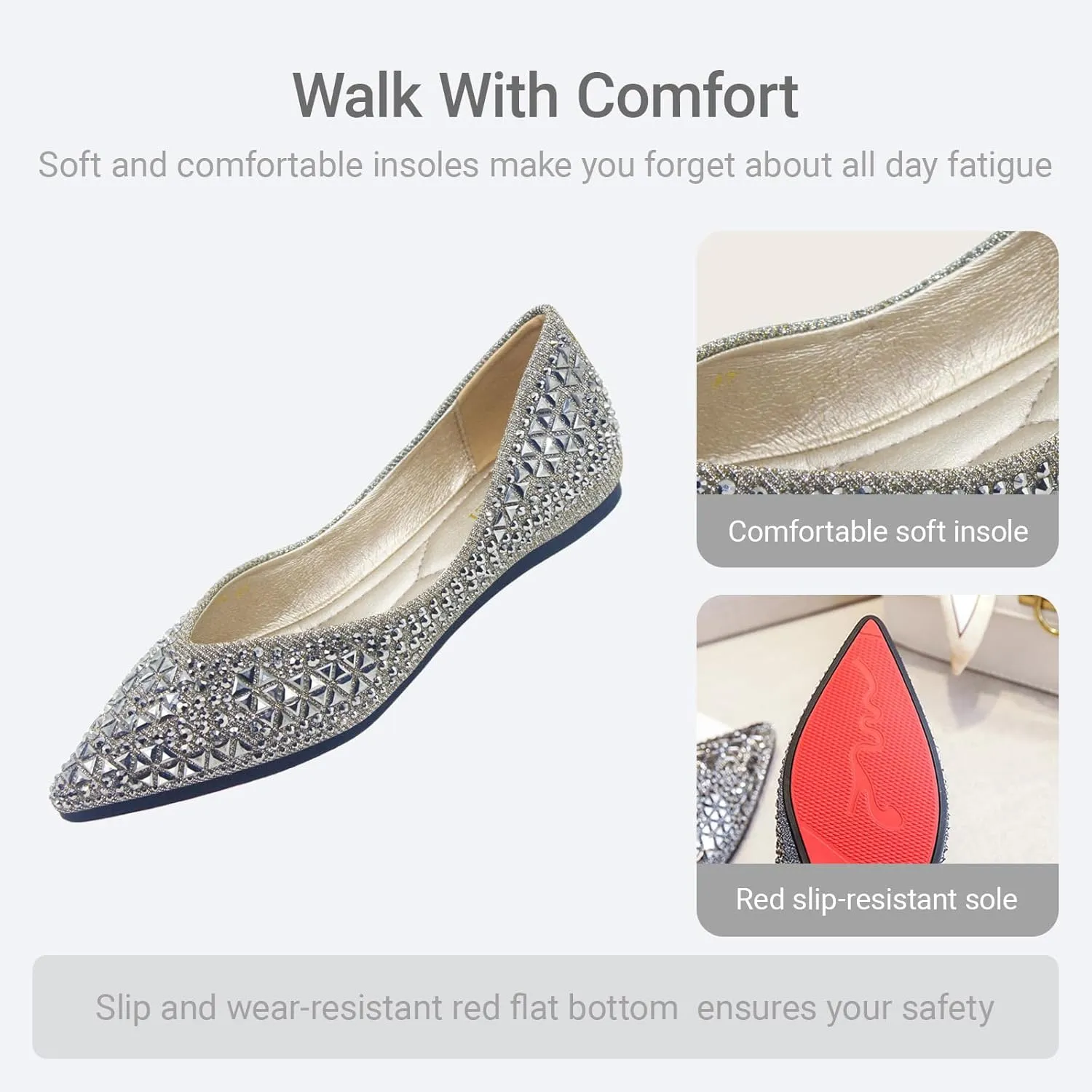Women's Flats Comfortable Pointed Rhinestone Ballet Flats Soft Memory Foam Insole for Women Sparkle Elegant Dress Shoes