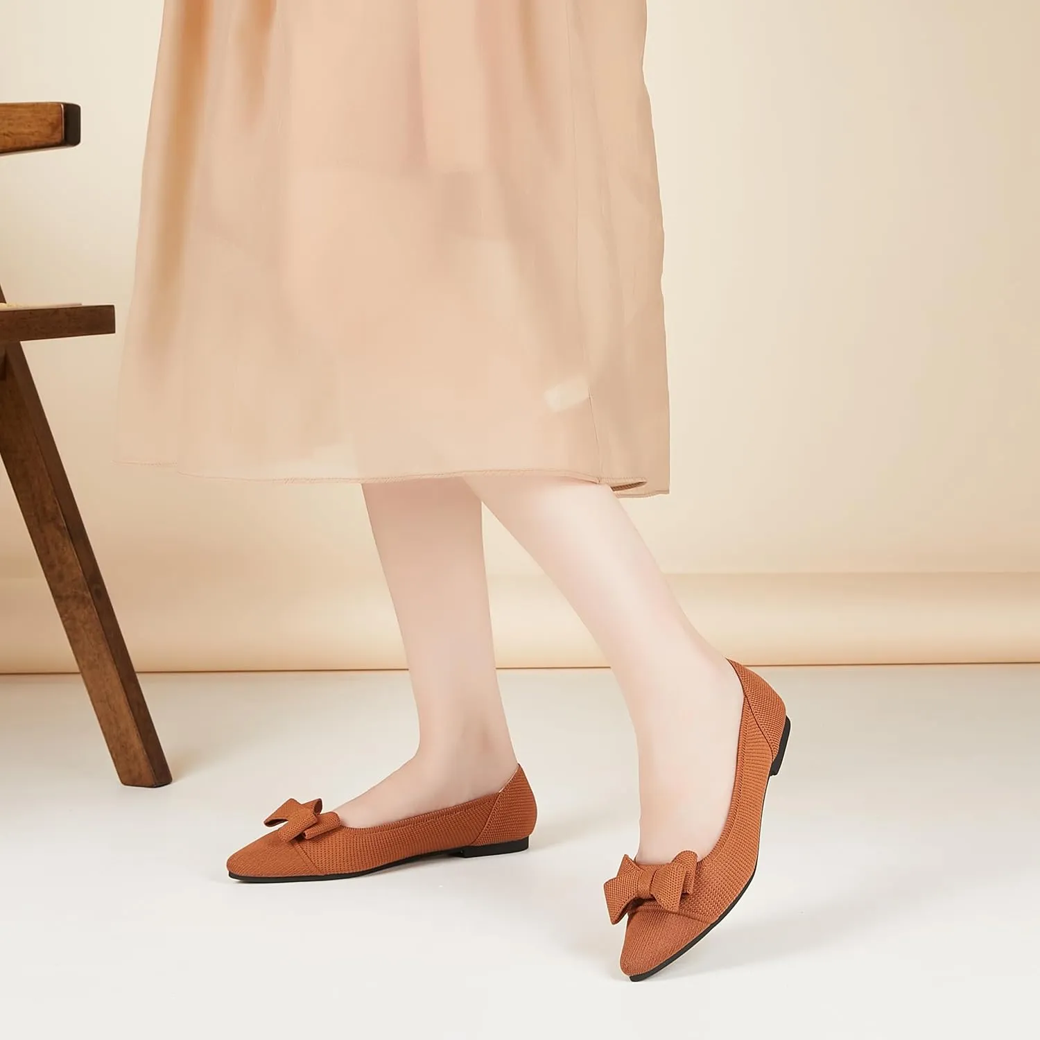 Womens Flats Shoes Pointed Toe Knit Mesh Ballet Flats with Bowknot Comfortable Dressy Washable Flat