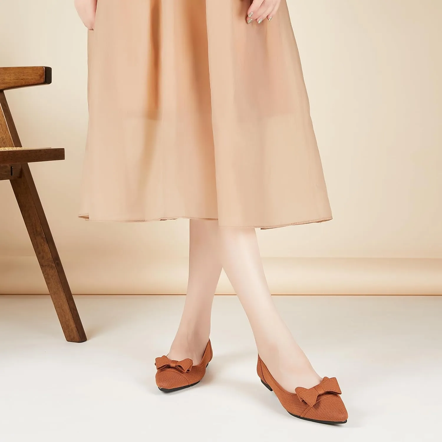 Womens Flats Shoes Pointed Toe Knit Mesh Ballet Flats with Bowknot Comfortable Dressy Washable Flat