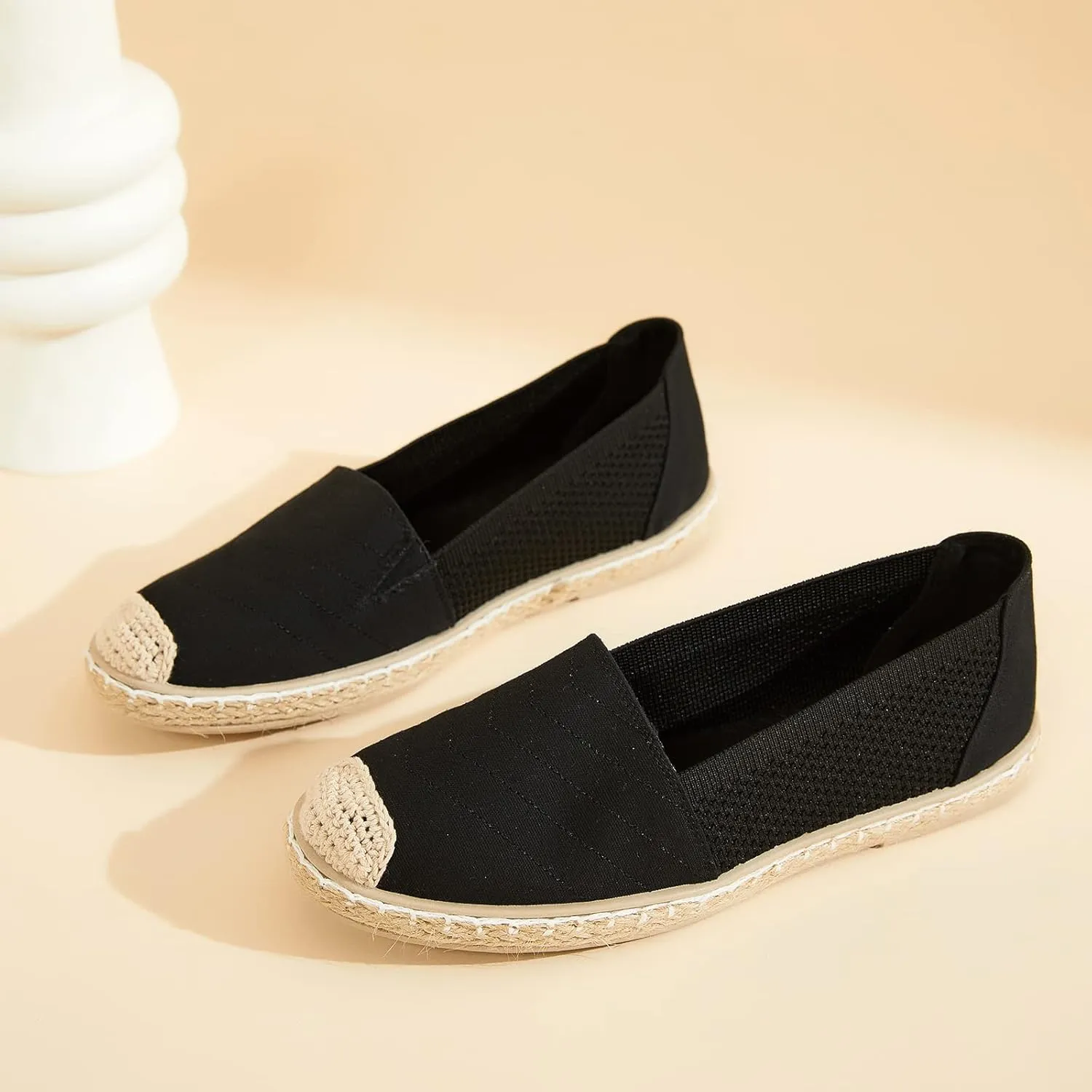 Women's Flats Shoes,Breathable Black Espadrilles Flats,Black and White Slip on Shoes(Lightweight and Soft)