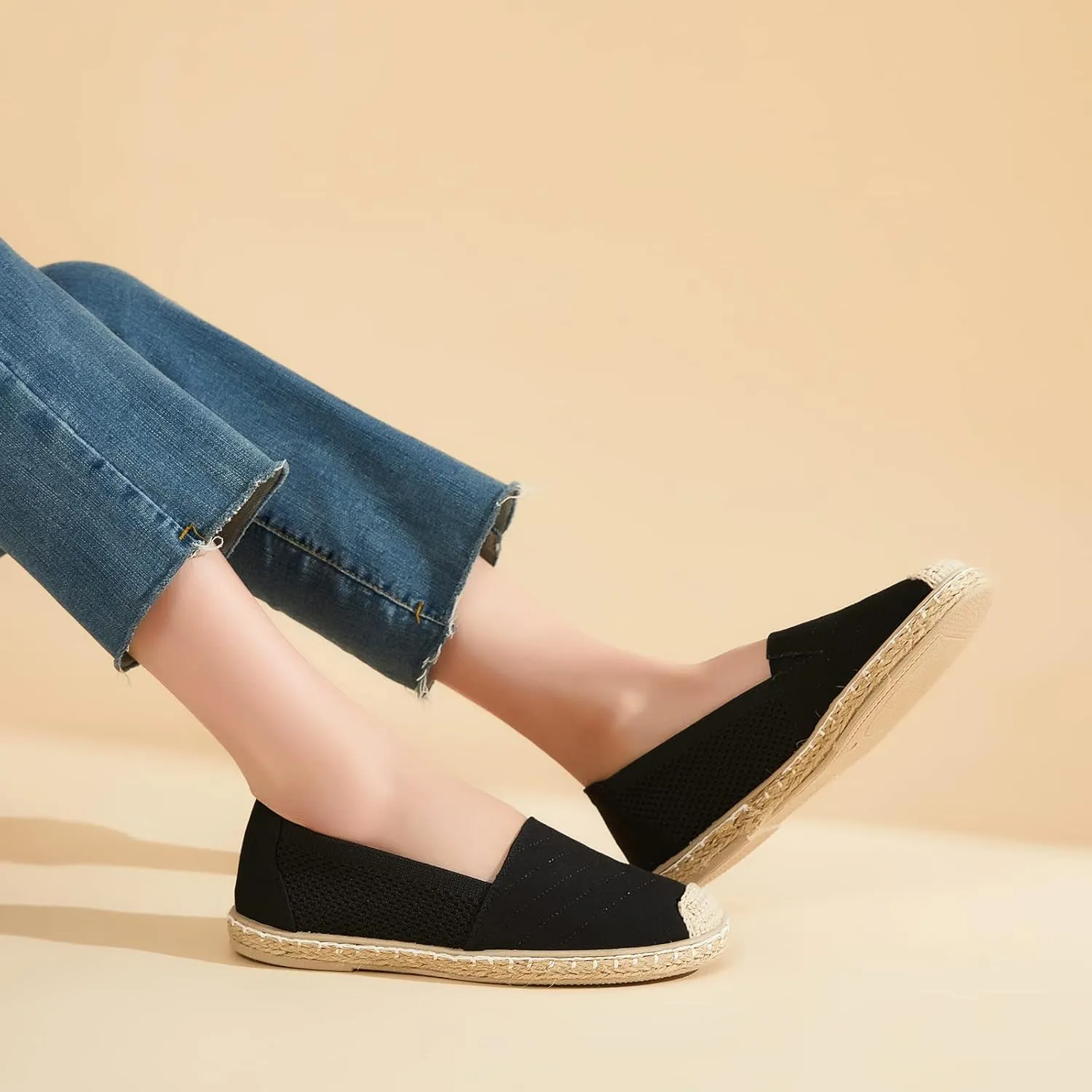 Women's Flats Shoes,Breathable Black Espadrilles Flats,Black and White Slip on Shoes(Lightweight and Soft)