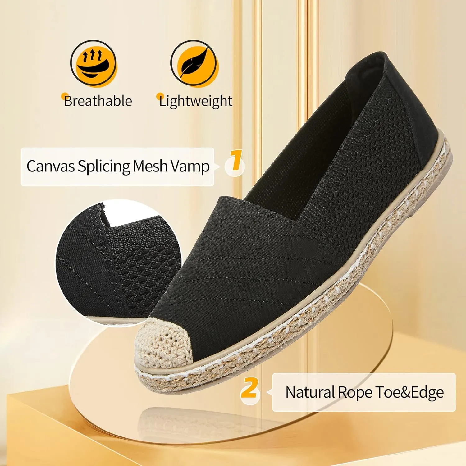 Women's Flats Shoes,Breathable Black Espadrilles Flats,Black and White Slip on Shoes(Lightweight and Soft)