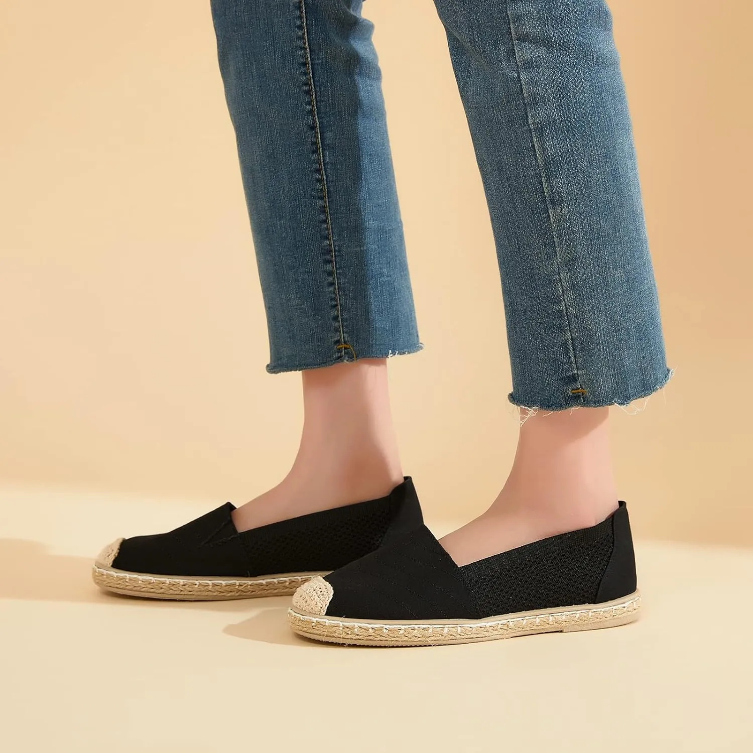 Women's Flats Shoes,Breathable Black Espadrilles Flats,Black and White Slip on Shoes(Lightweight and Soft)