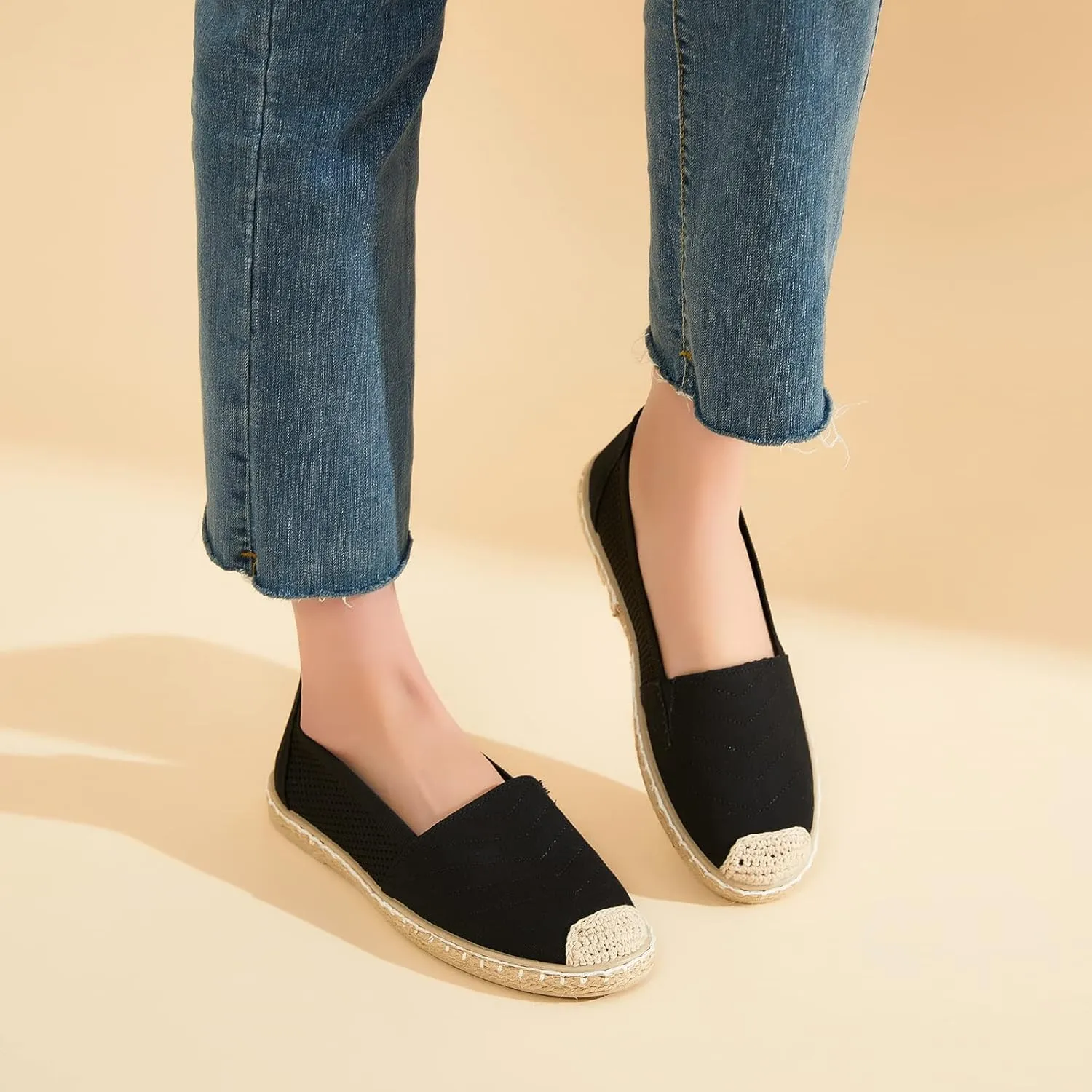 Women's Flats Shoes,Breathable Black Espadrilles Flats,Black and White Slip on Shoes(Lightweight and Soft)