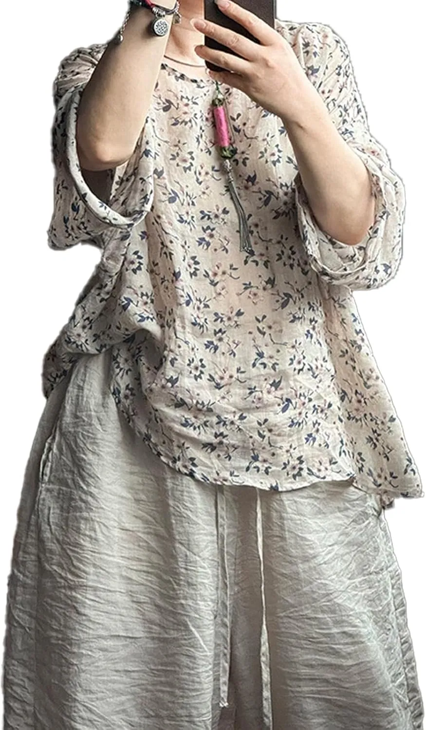 Women's Floral Print Kimono Slip - on Linen Shirts Lightweight Ramie Shirt Loose Cover Up Casual Blouse Tops
