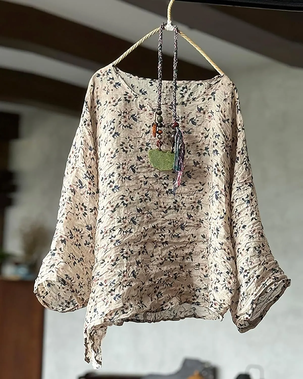 Women's Floral Print Kimono Slip - on Linen Shirts Lightweight Ramie Shirt Loose Cover Up Casual Blouse Tops