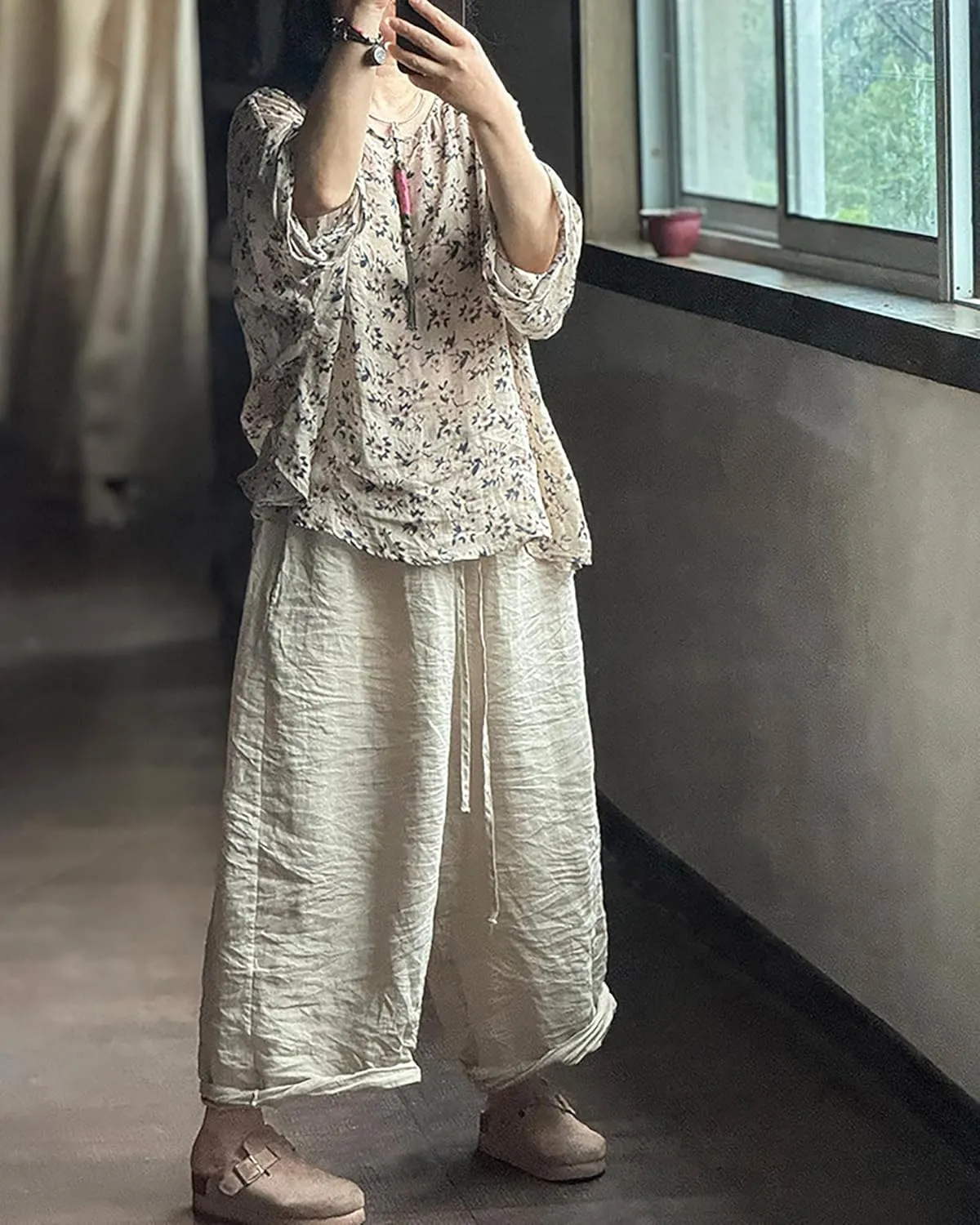 Women's Floral Print Kimono Slip - on Linen Shirts Lightweight Ramie Shirt Loose Cover Up Casual Blouse Tops