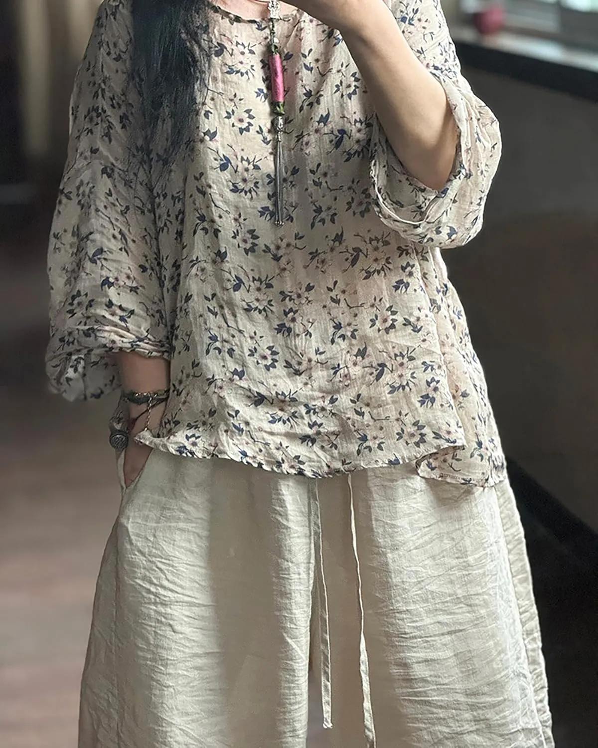 Women's Floral Print Kimono Slip - on Linen Shirts Lightweight Ramie Shirt Loose Cover Up Casual Blouse Tops