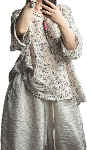 Women's Floral Print Kimono Slip - on Linen Shirts Lightweight Ramie Shirt Loose Cover Up Casual Blouse Tops