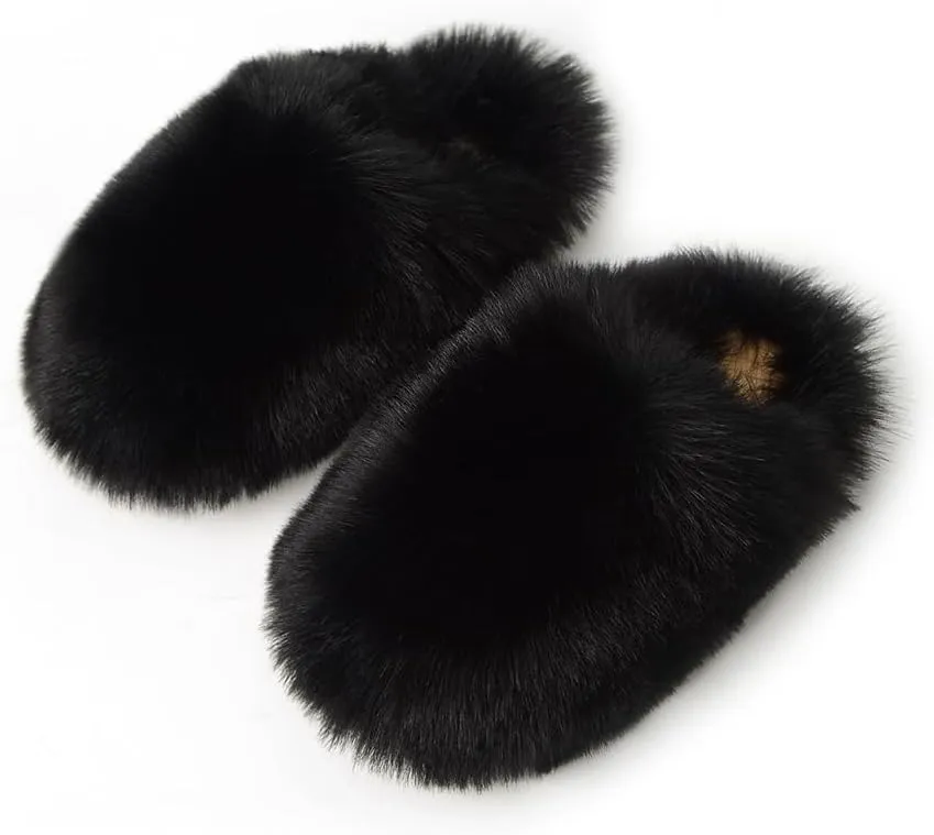 Womens Fluffy Faux Fur Slides Furry Soft Plush House Slippers Shoes Indoor Outdoor Slip On Slipper