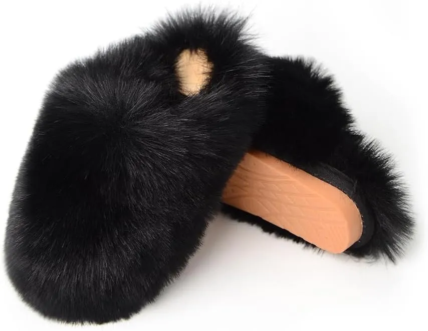 Womens Fluffy Faux Fur Slides Furry Soft Plush House Slippers Shoes Indoor Outdoor Slip On Slipper