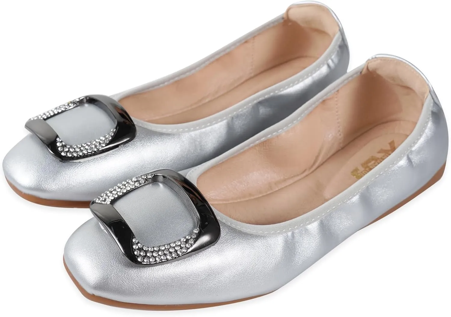 Womens Foldable Soft Ballet Flats Square Toe Sparkly Beads Comfortable Slip On Ballerina Dress Flat Shoes