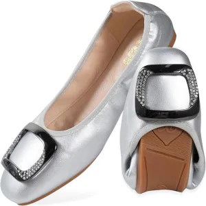 Womens Foldable Soft Ballet Flats Square Toe Sparkly Beads Comfortable Slip On Ballerina Dress Flat Shoes