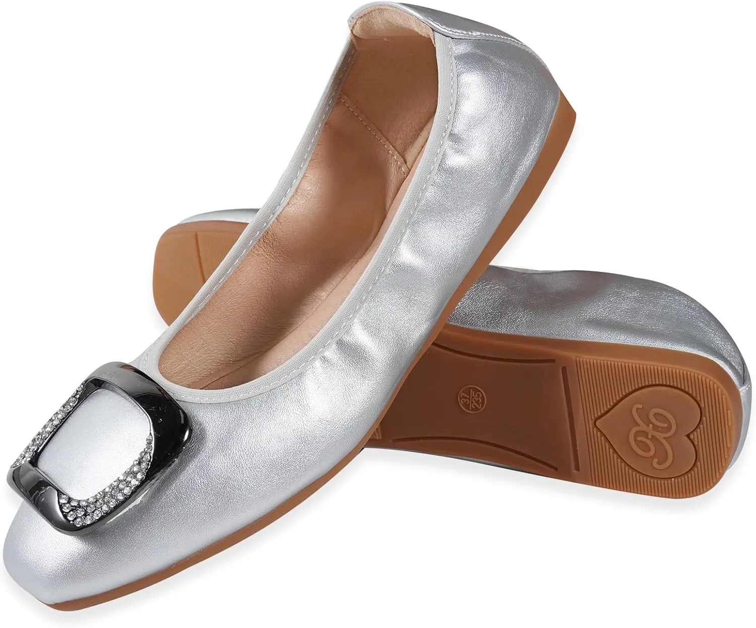 Womens Foldable Soft Ballet Flats Square Toe Sparkly Beads Comfortable Slip On Ballerina Dress Flat Shoes