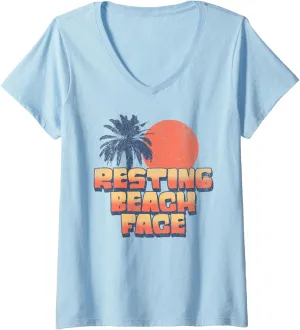 Womens Funny Resting Beach Face Retro Sunset Palm Tree Vacation V-Neck T-Shirt