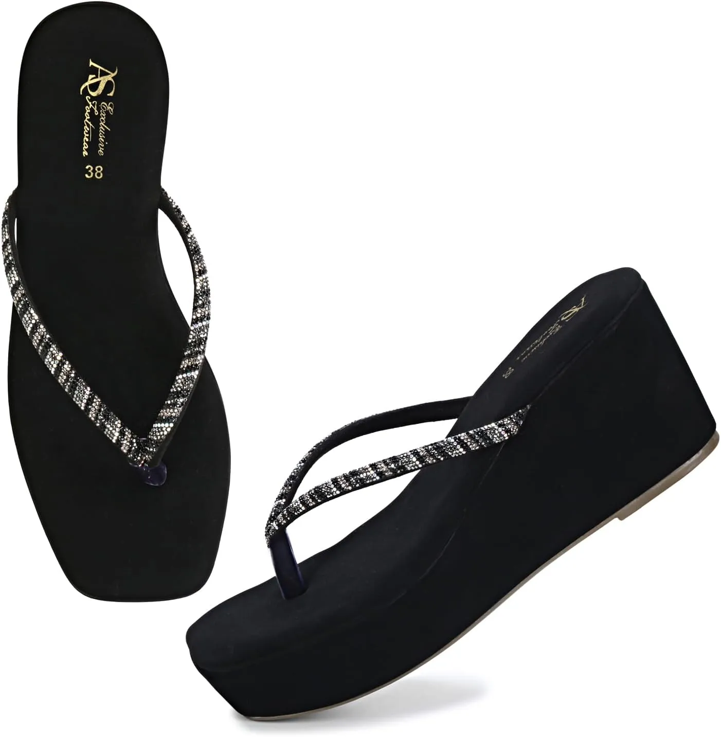 Women's High Wedge Platform Flip Flop Sandals – Chunky Wedge Beach Sandals, Comfortable Heels for Casual Summer Wear, (Black)