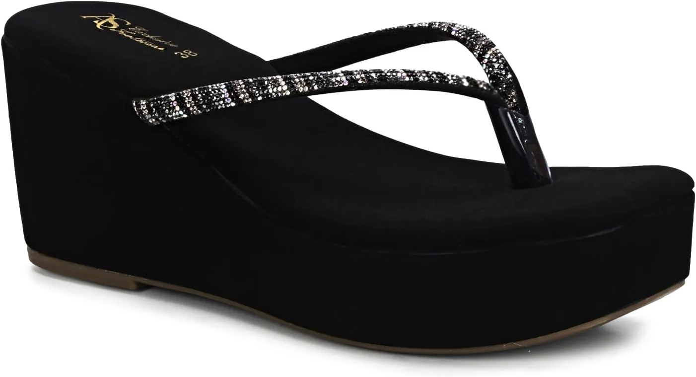 Women's High Wedge Platform Flip Flop Sandals – Chunky Wedge Beach Sandals, Comfortable Heels for Casual Summer Wear, (Black)