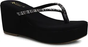 Women's High Wedge Platform Flip Flop Sandals – Chunky Wedge Beach Sandals, Comfortable Heels for Casual Summer Wear, (Black)
