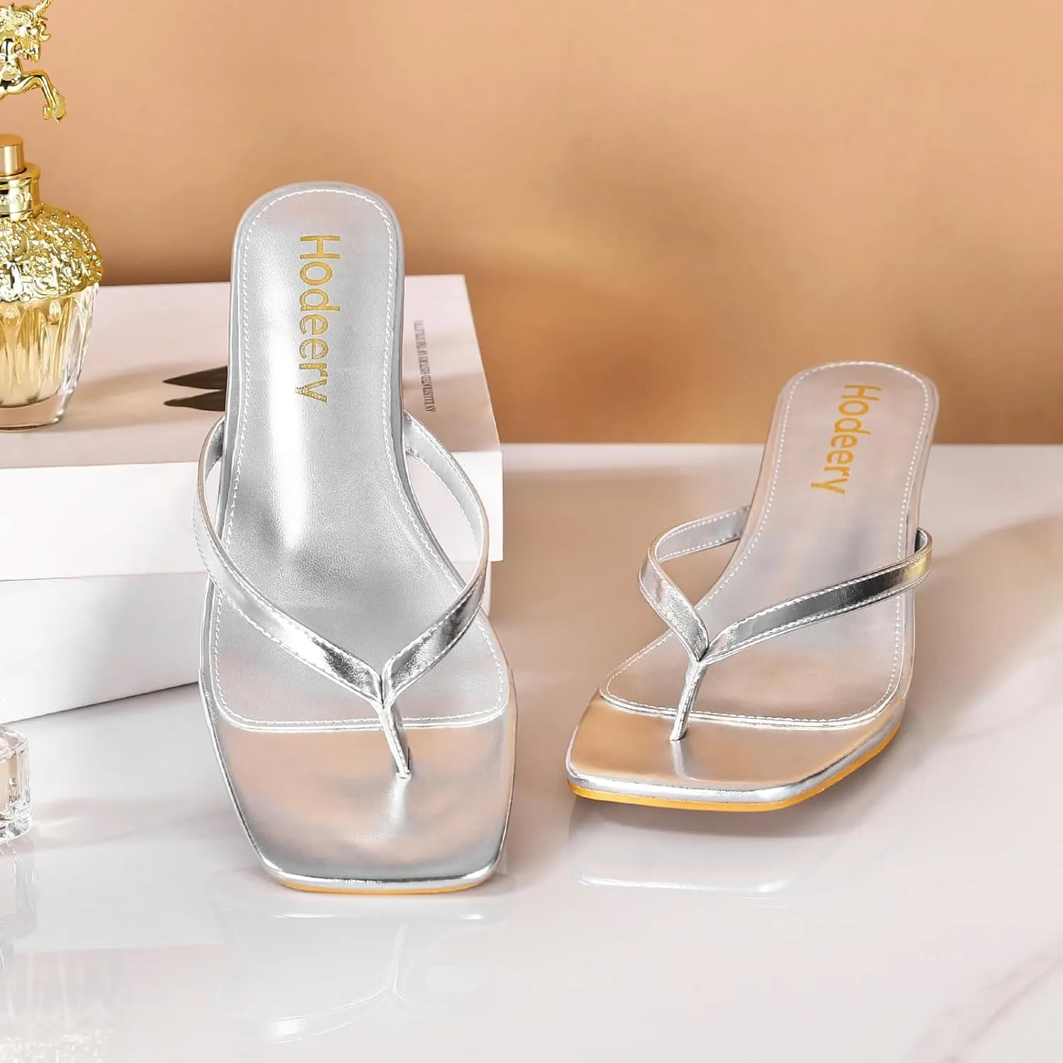 Women's Kitten Heels Thong Sandals Open Square Toe Flip Flop Low Heels 2.5 Inch Slip On Sexy Women Dressy Slide Shoes for Casual