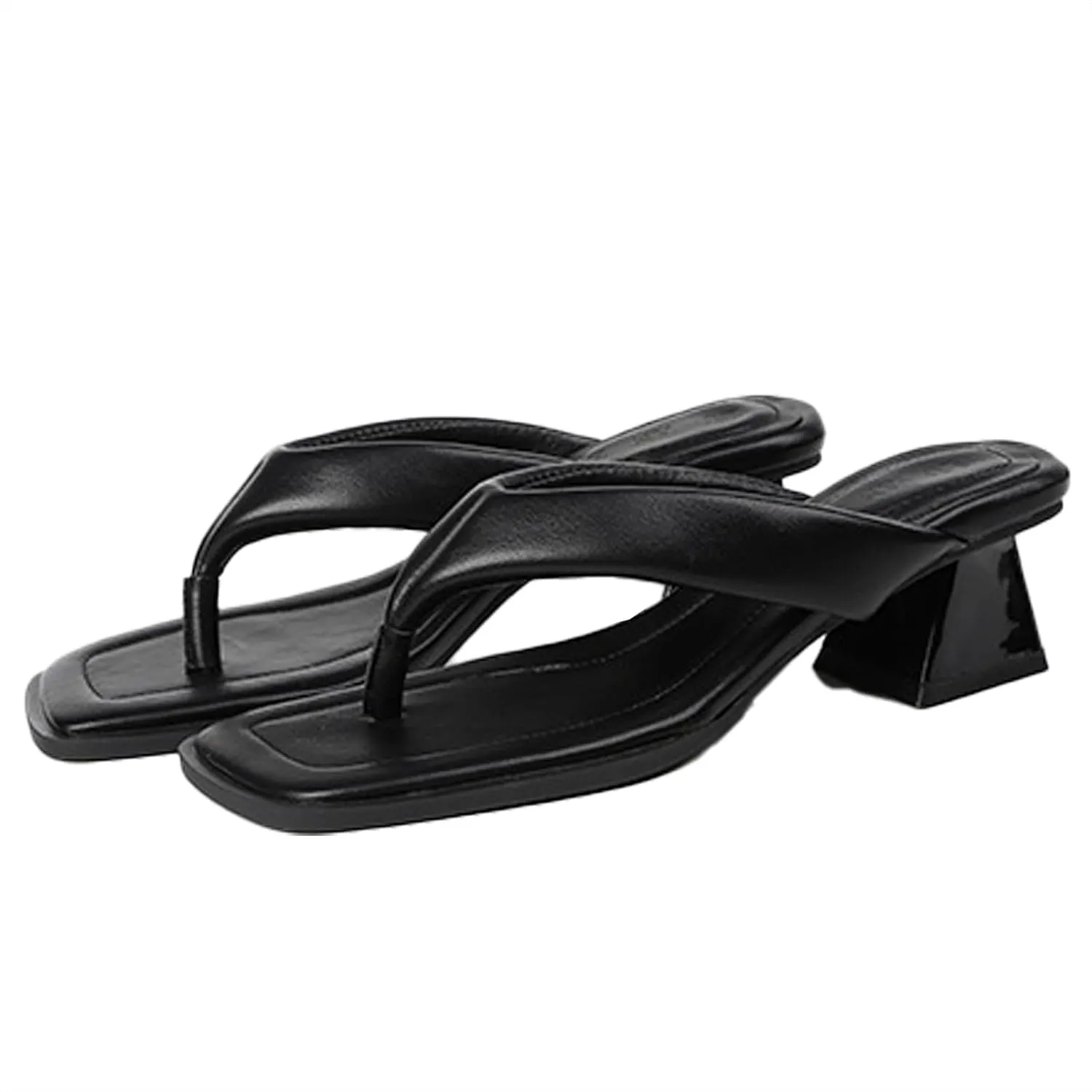 Women's Leather Low Block Heel Square Toe Flip Flops Comfort Open Toe Slip On Chunky Heel Clip Toe Sandals Summer Casual Party Beach Slides