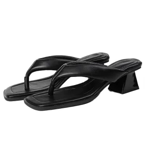 Women's Leather Low Block Heel Square Toe Flip Flops Comfort Open Toe Slip On Chunky Heel Clip Toe Sandals Summer Casual Party Beach Slides