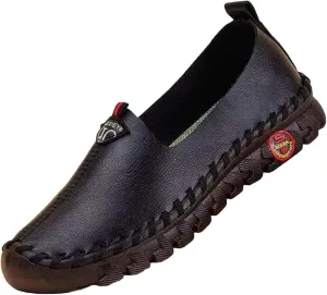 Women's Leather Soft Bottom Beef Tendon Flat Loafers Handmade Slip On Breathable Round Head Non-Slip Mom Wedge Leisure Shoes