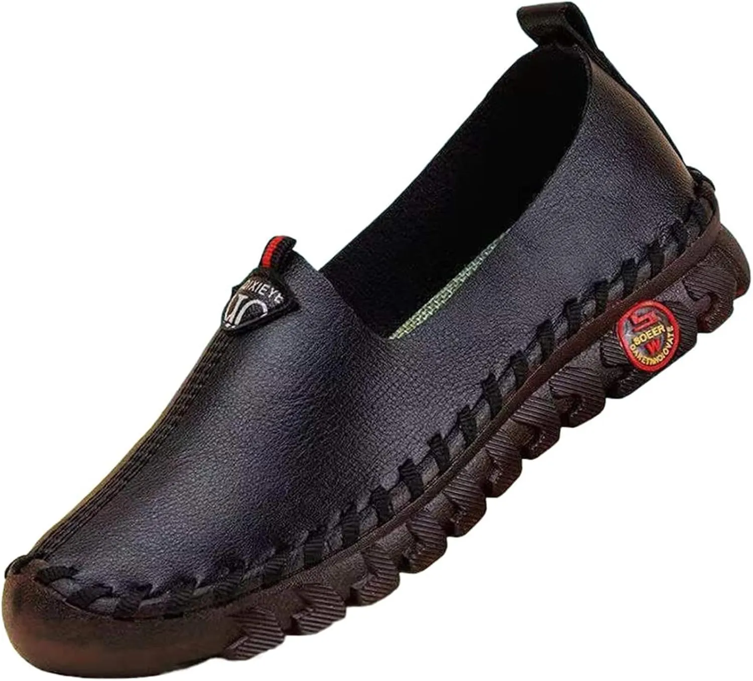 Women's Leather Soft Bottom Beef Tendon Flat Loafers Handmade Slip On Breathable Round Head Non-Slip Mom Wedge Leisure Shoes