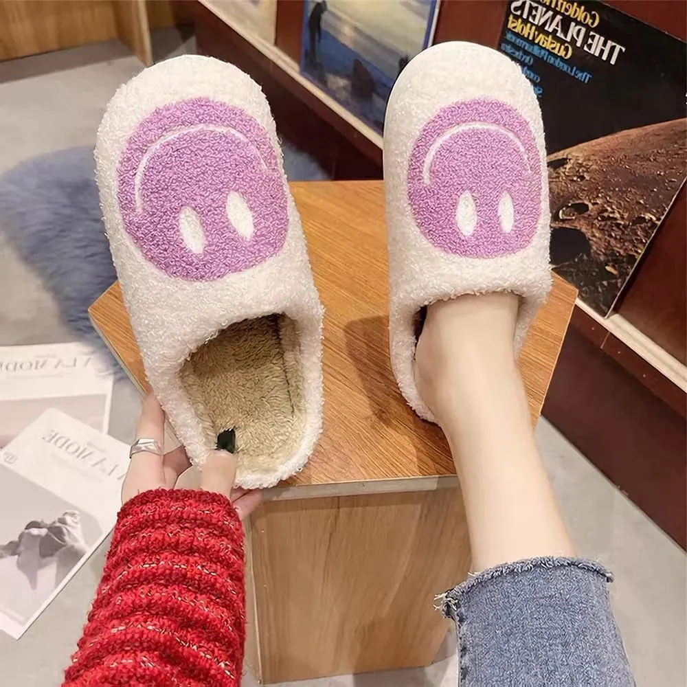 Women's Men's Retro Face Slippers Comfy Warm Plush Slip-On House Slipper for Winter Indoor Soft Cushion Non-slip Fluffy Slides Slippers