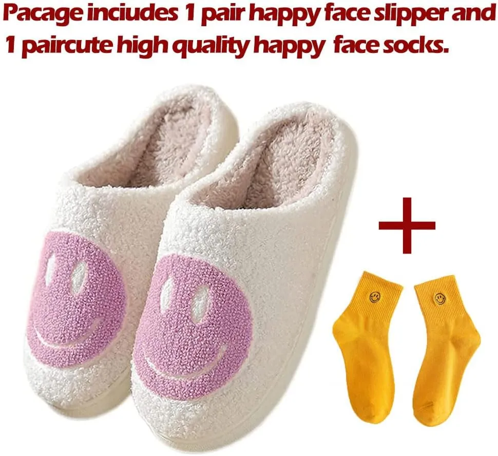 Women's Men's Retro Face Slippers Comfy Warm Plush Slip-On House Slipper for Winter Indoor Soft Cushion Non-slip Fluffy Slides Slippers