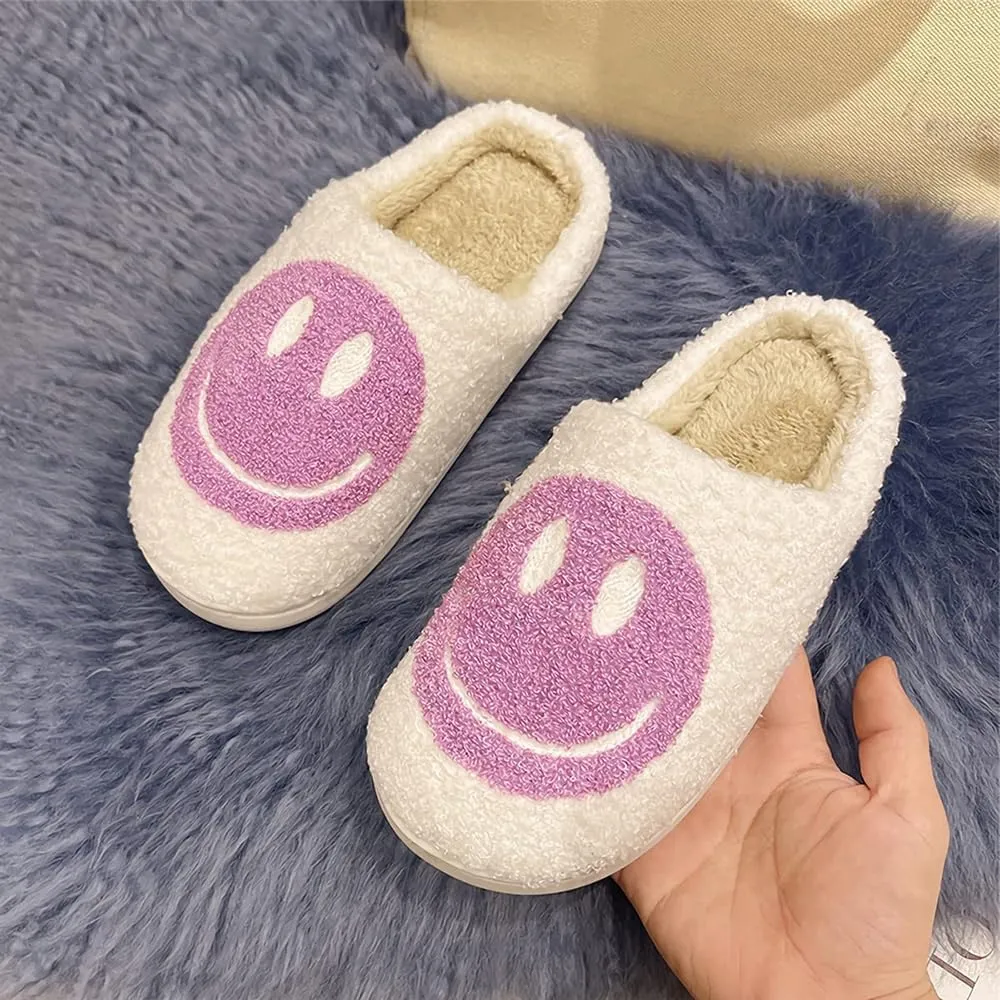 Women's Men's Retro Face Slippers Comfy Warm Plush Slip-On House Slipper for Winter Indoor Soft Cushion Non-slip Fluffy Slides Slippers