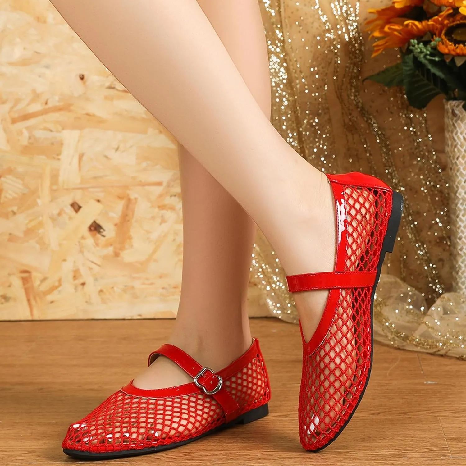 Women's Mesh Ballet Flats,Fishnet Ballerina Buckle Strap Shoes,Mary Jane Flats Casual Comfortable Daily Dress Shoes