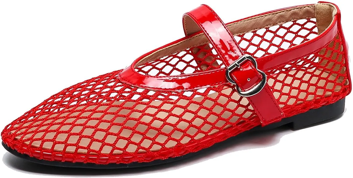 Women's Mesh Ballet Flats,Fishnet Ballerina Buckle Strap Shoes,Mary Jane Flats Casual Comfortable Daily Dress Shoes