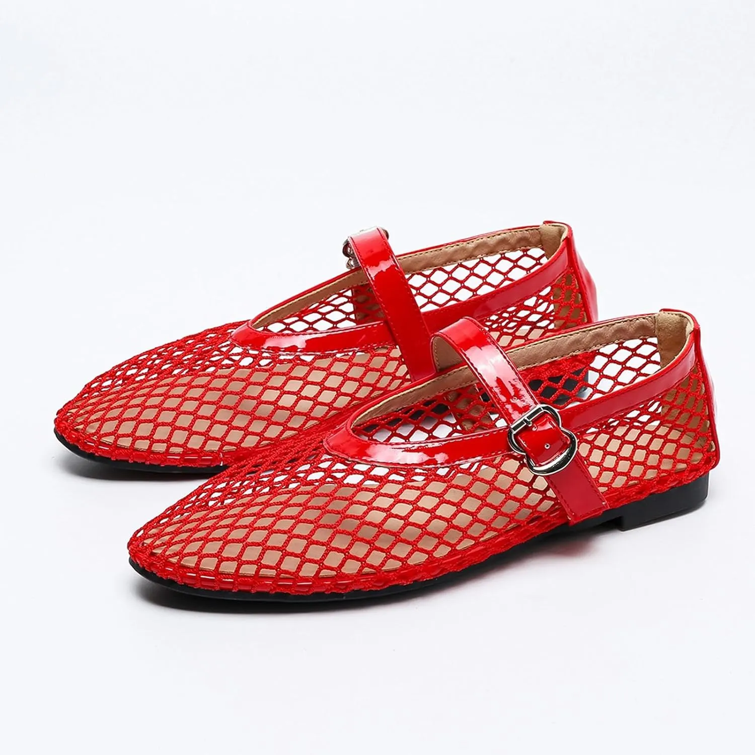 Women's Mesh Ballet Flats,Fishnet Ballerina Buckle Strap Shoes,Mary Jane Flats Casual Comfortable Daily Dress Shoes