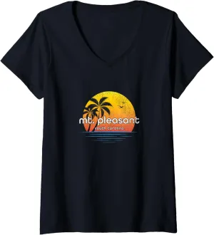 Womens Mt. Pleasant SC Vintage Palm Tree Sunset V-Neck T-Shirt