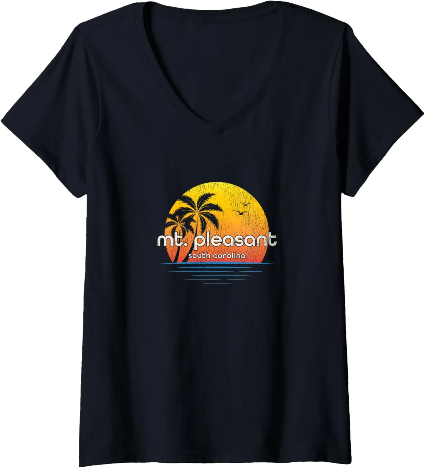 Womens Mt. Pleasant SC Vintage Palm Tree Sunset V-Neck T-Shirt