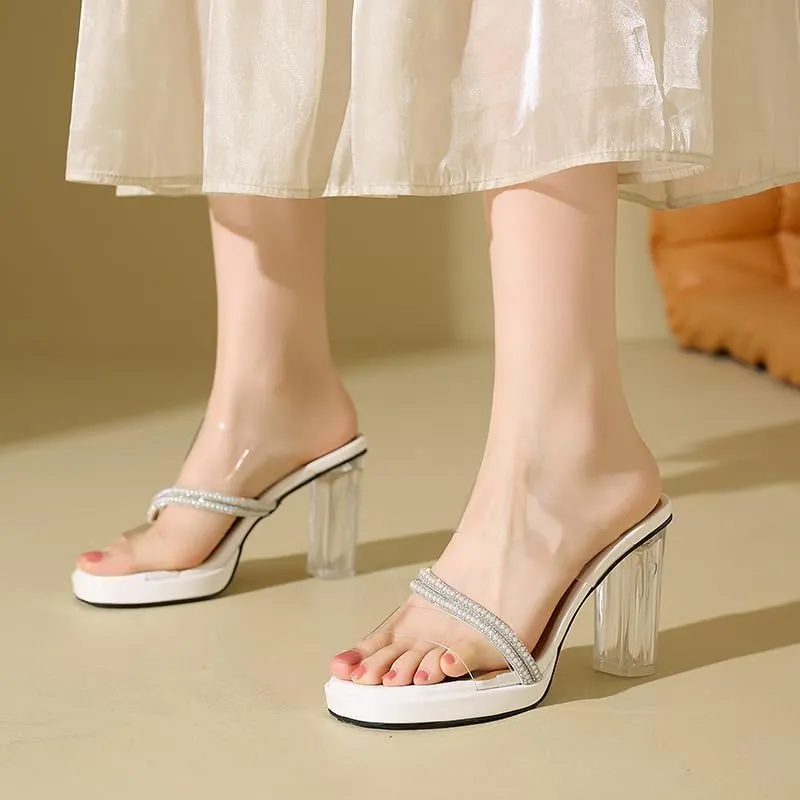 Women's Open Toe Chunky Heel Sandals, Slip-On Glitter High Heels with Rhinestone Detailing