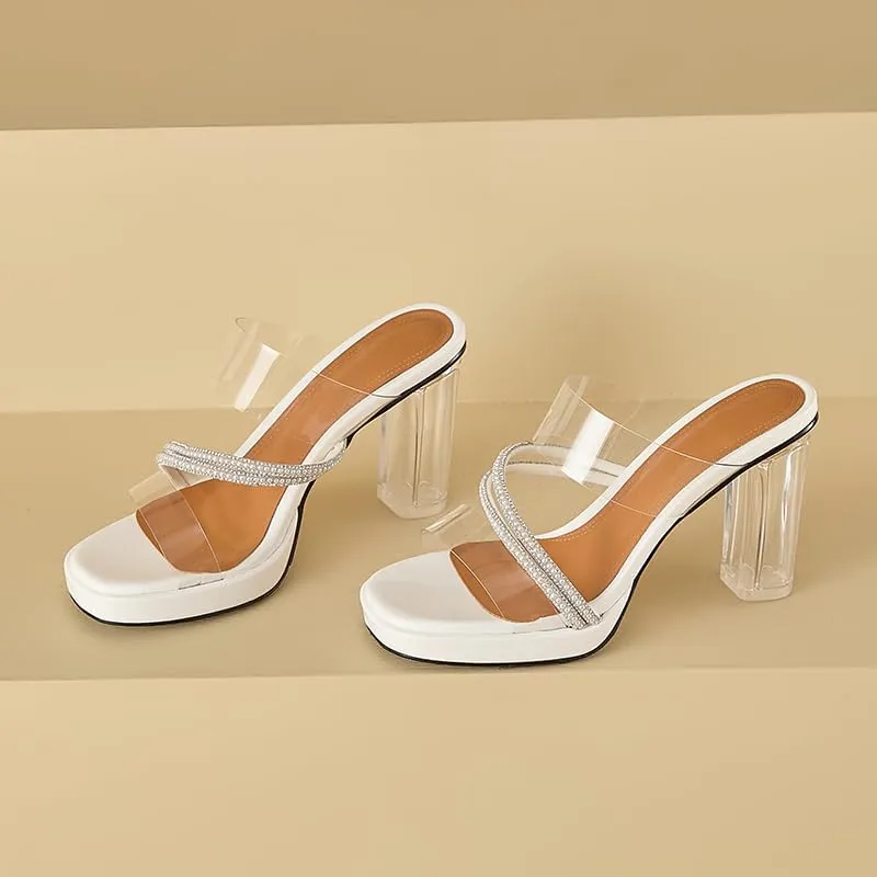 Women's Open Toe Chunky Heel Sandals, Slip-On Glitter High Heels with Rhinestone Detailing