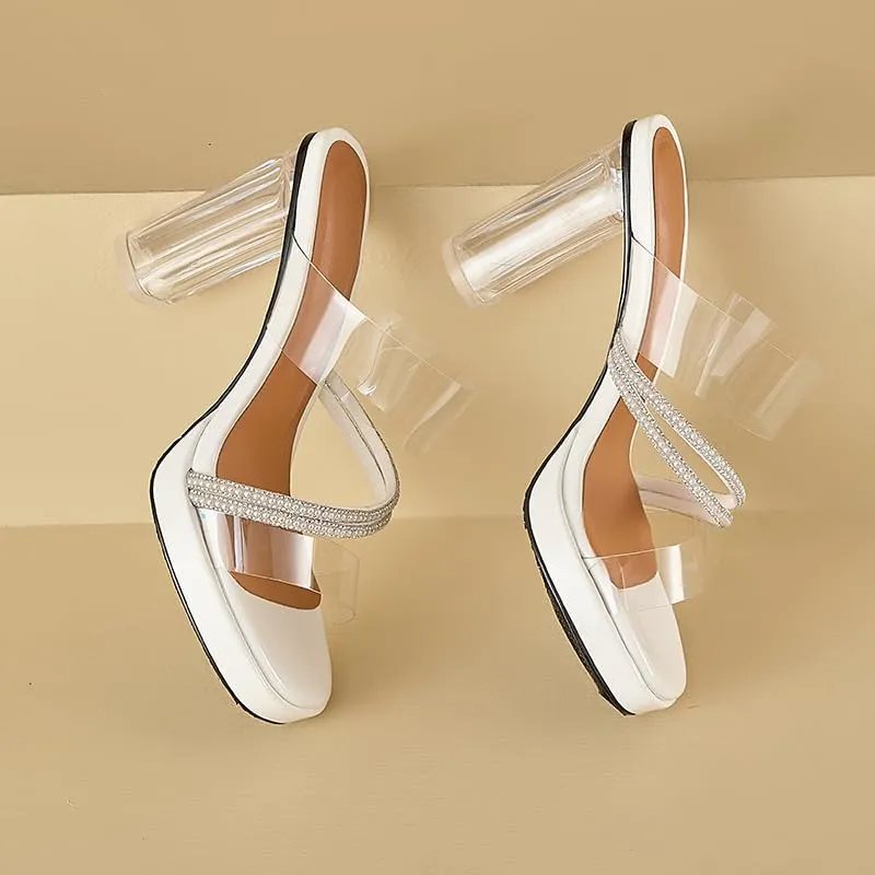 Women's Open Toe Chunky Heel Sandals, Slip-On Glitter High Heels with Rhinestone Detailing