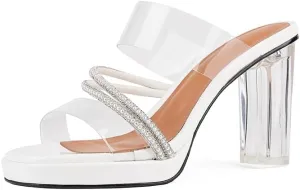Women's Open Toe Chunky Heel Sandals, Slip-On Glitter High Heels with Rhinestone Detailing
